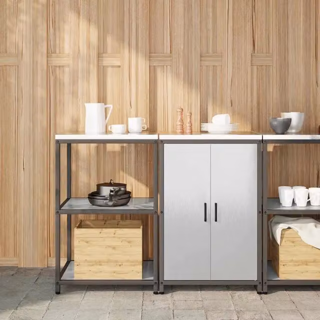 Mobile da cucina minimalista vidaXL in metallo argento con ante a battente e ripiani interni L: 120 cm, P: 40,58 cm, H: 92 cm