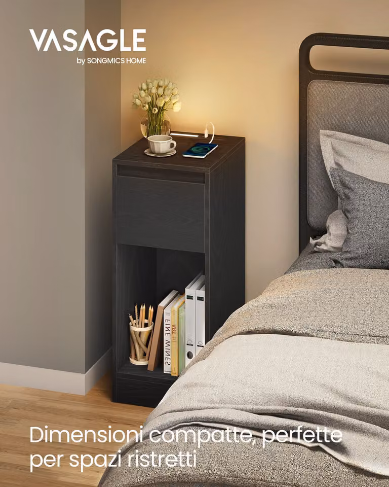 Comodino con LED porte USB cassetto e scomparto, Nero Ebano / 2