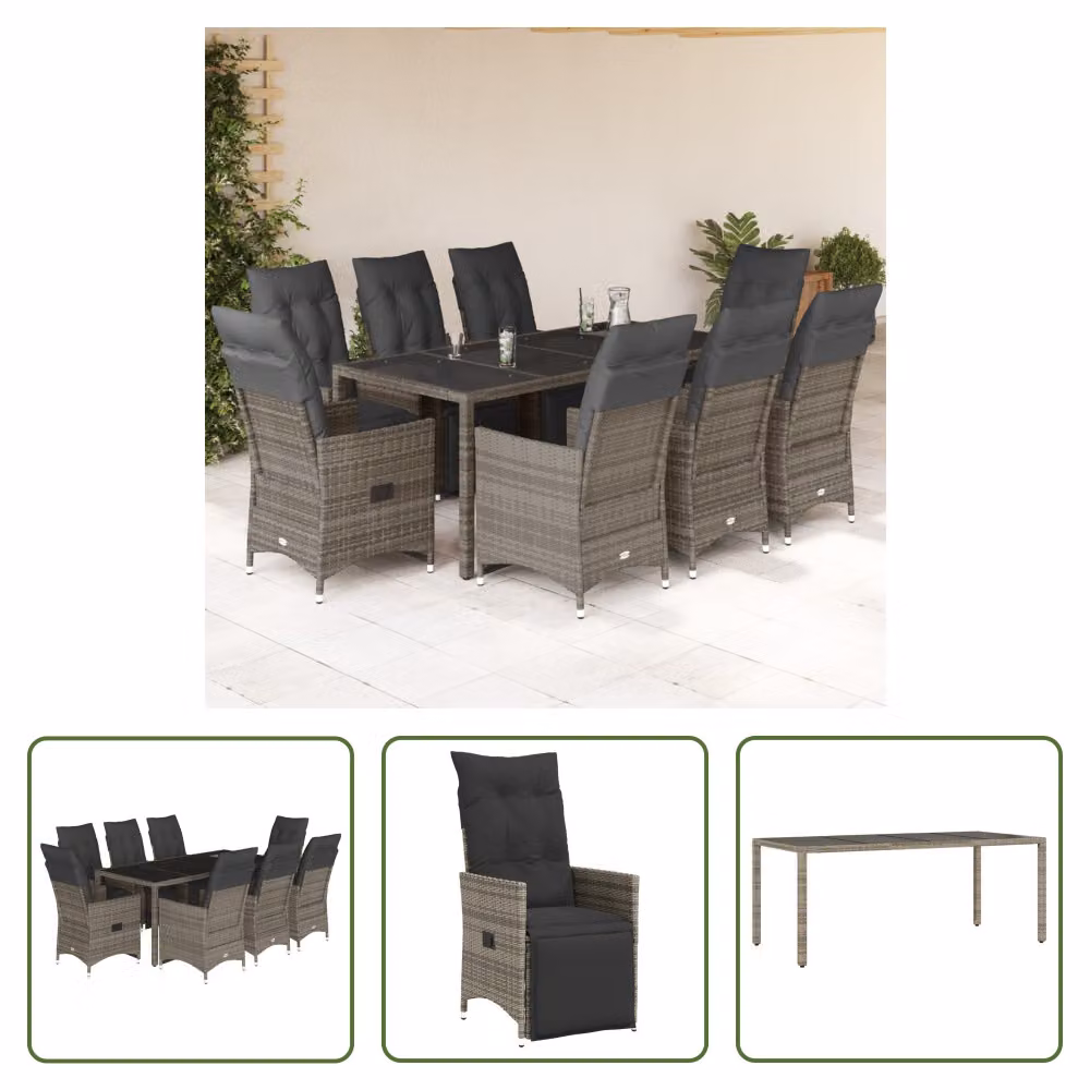 The Living Store Set bistrot da giardino 9 pezzi con cuscini in poly rattan grigio