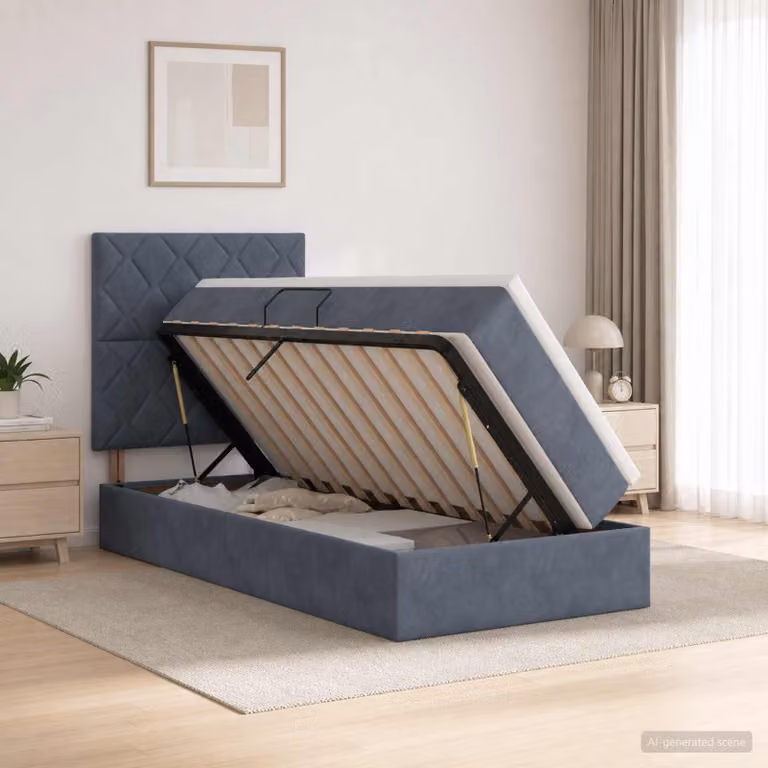Letto con contenitore vidaXL in tessuto grigio con illuminazione LED, porta USB e materasso in schiuma, L 100 x P 200 cm