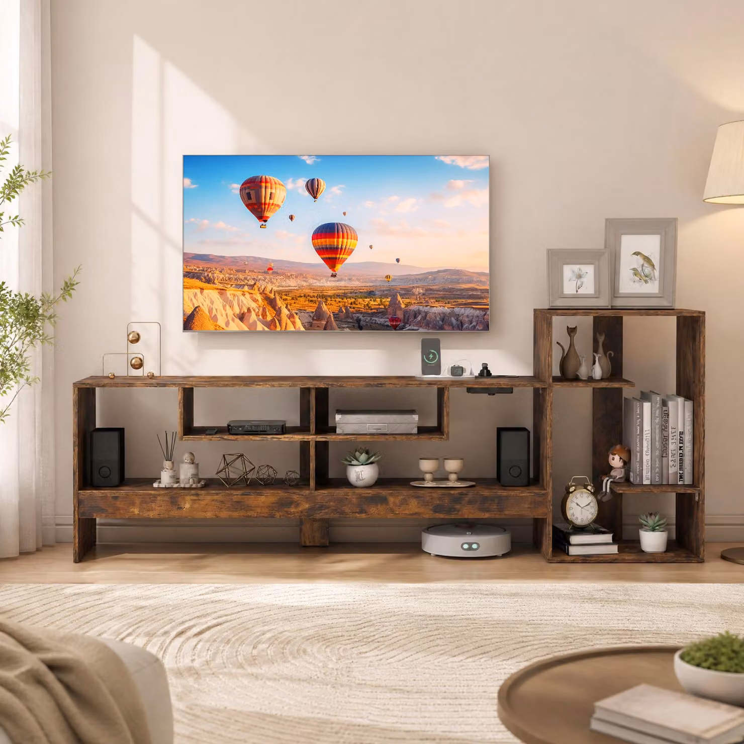 Costway Mobile porta tv fino tavolo supporto tv con stazione di ricarica, Tv fino a 55'' in legno scomparti aperti e base rialzata Marrone
