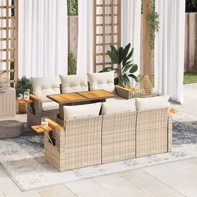 Set Divani da Giardino 7 pz con Cuscini Beige Polyrattan Acacia 3327558