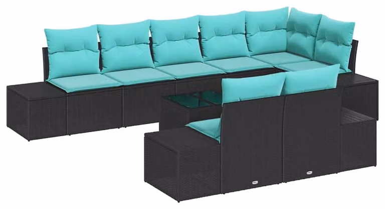 Set da giardino composto da 9 pezzi, colore nero, realizzato in rattan sintetico
