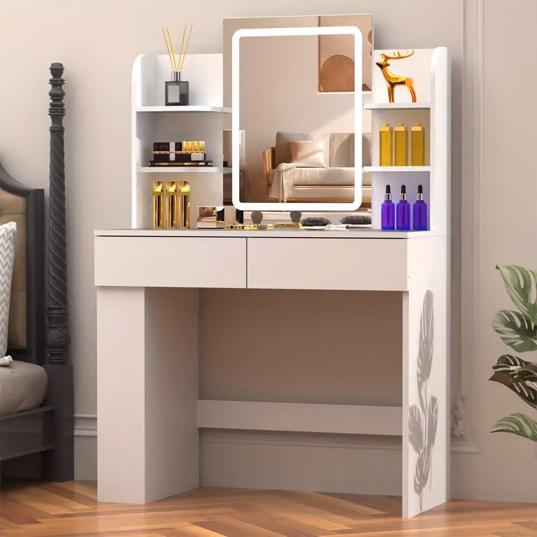 Comò con specchio a LED, 3 tonalità di luce, 2 cassetti, 4 ripiani e design minimalista bianco