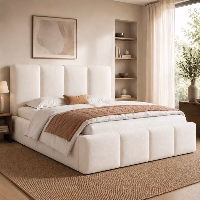 Letto imbottito matrimoniale 180 x 200 cm con rete a doghe e testiera imbottita, Beige Bouclé