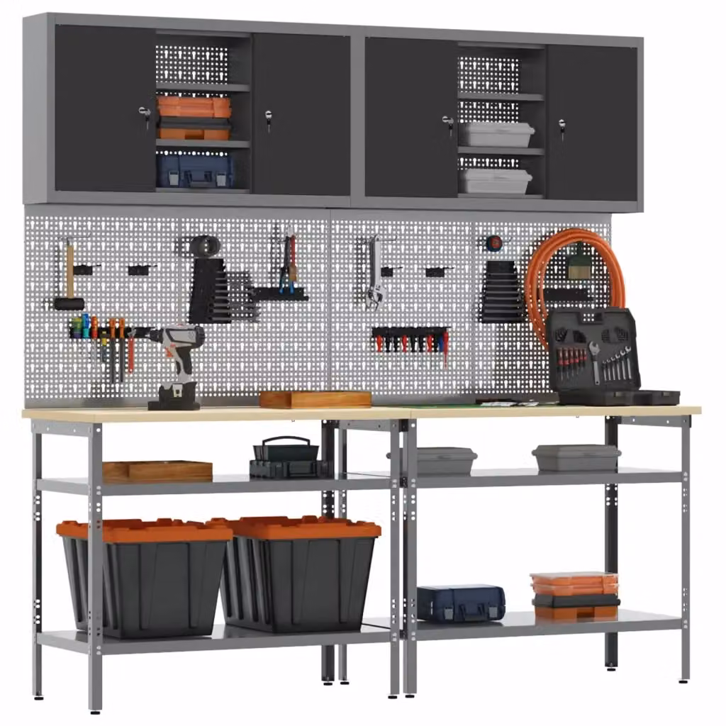 Set banco da lavoro vidaXL 8 pz in metallo con pannello forato e altezza regolabile, Nero e Grigio – 2