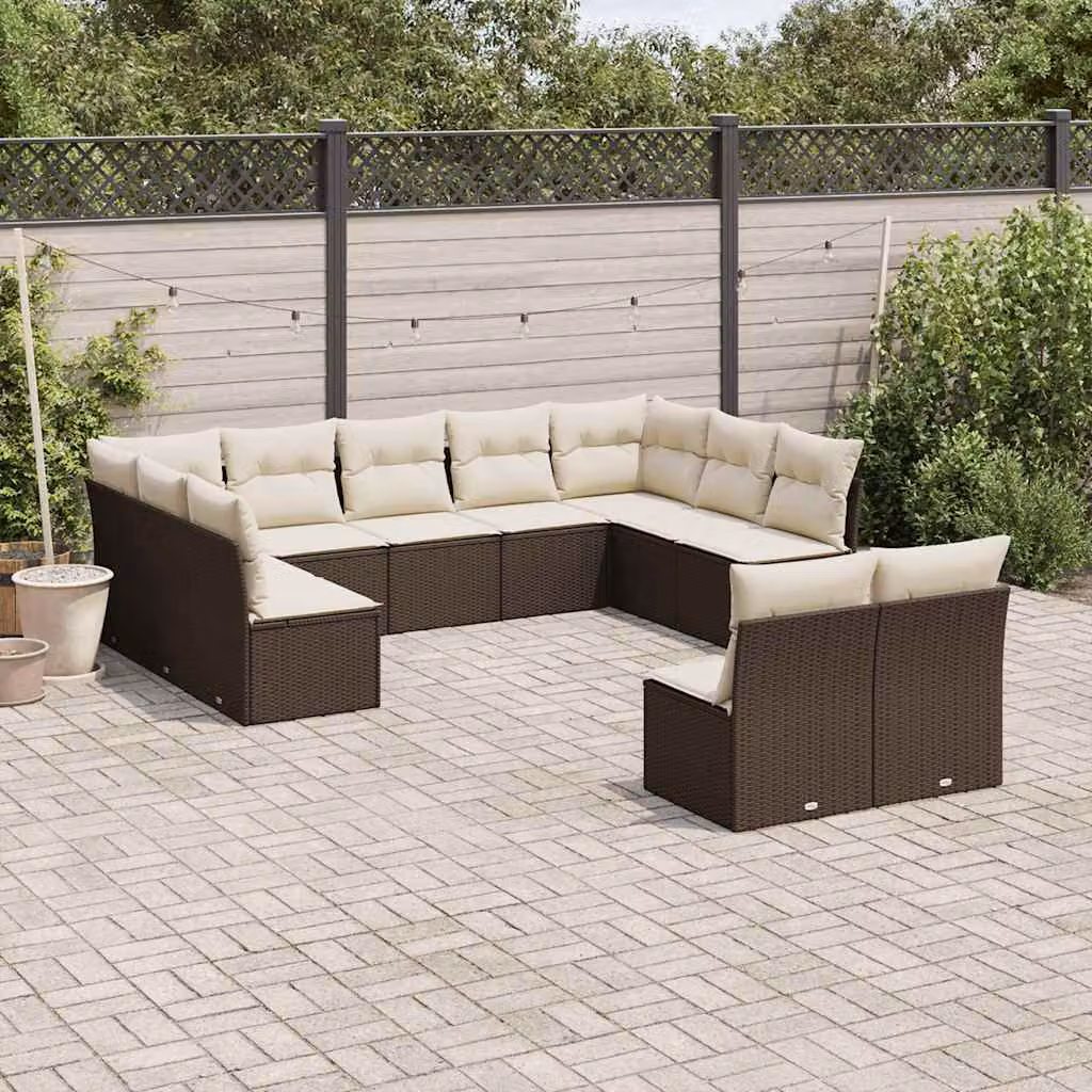 Set di Divani da Giardino vidaXL 11 pz a Forma a U con Cuscini Marrone e Bianco in Polyrattan e Metallo – 1