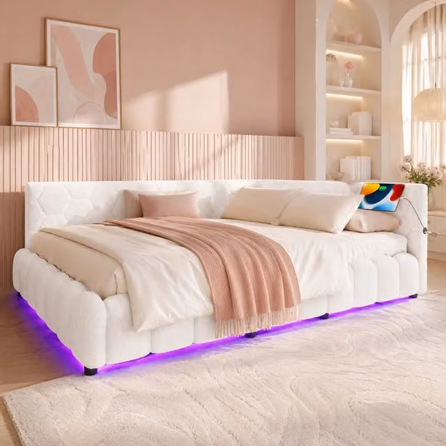 Letto a piattaforma 140 × 200 cm con rete a doghe vano contenitore LED USB e Tipo C bianco in tessuto non tessuto