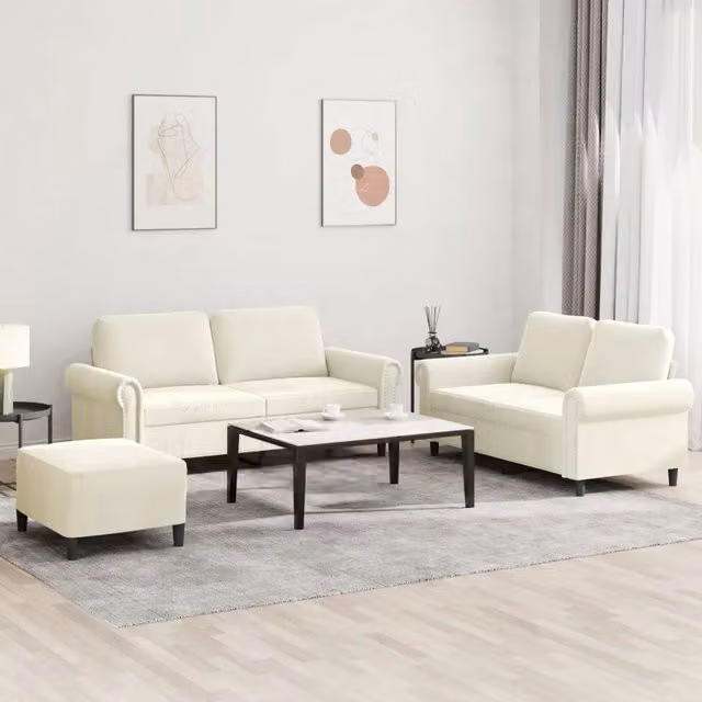 Set di 3 divani vidaXL in velluto beige e bianco con cuscini per soggiorno in stile moderno