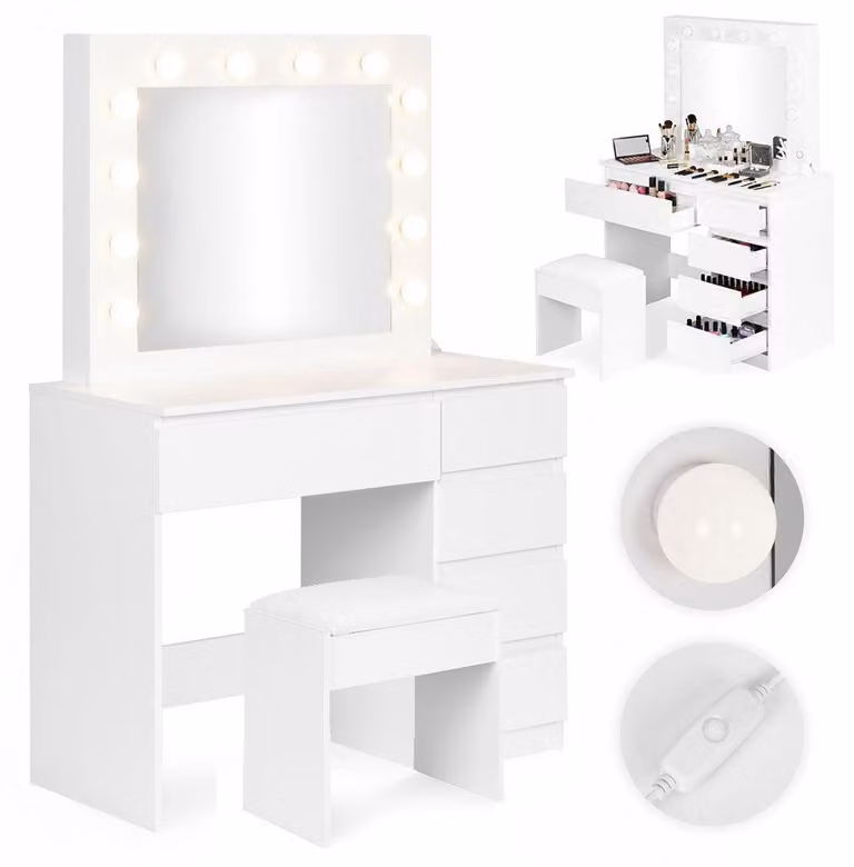 Tavolo da toeletta con specchio a LED, 5 cassetti, sgabello incluso