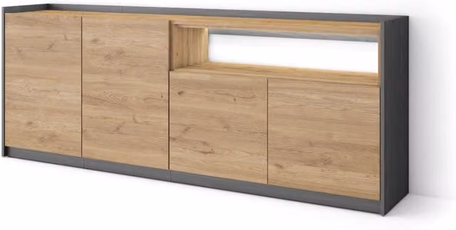 Credenza, Mobile, Cucina, 207x80x37 cm, 4 Porte, LED, Rovere e nero