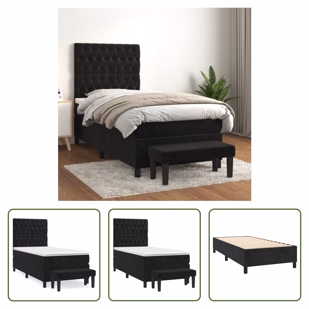 The Living Store Letto a molle con materasso nero 90x200 cm in velluto