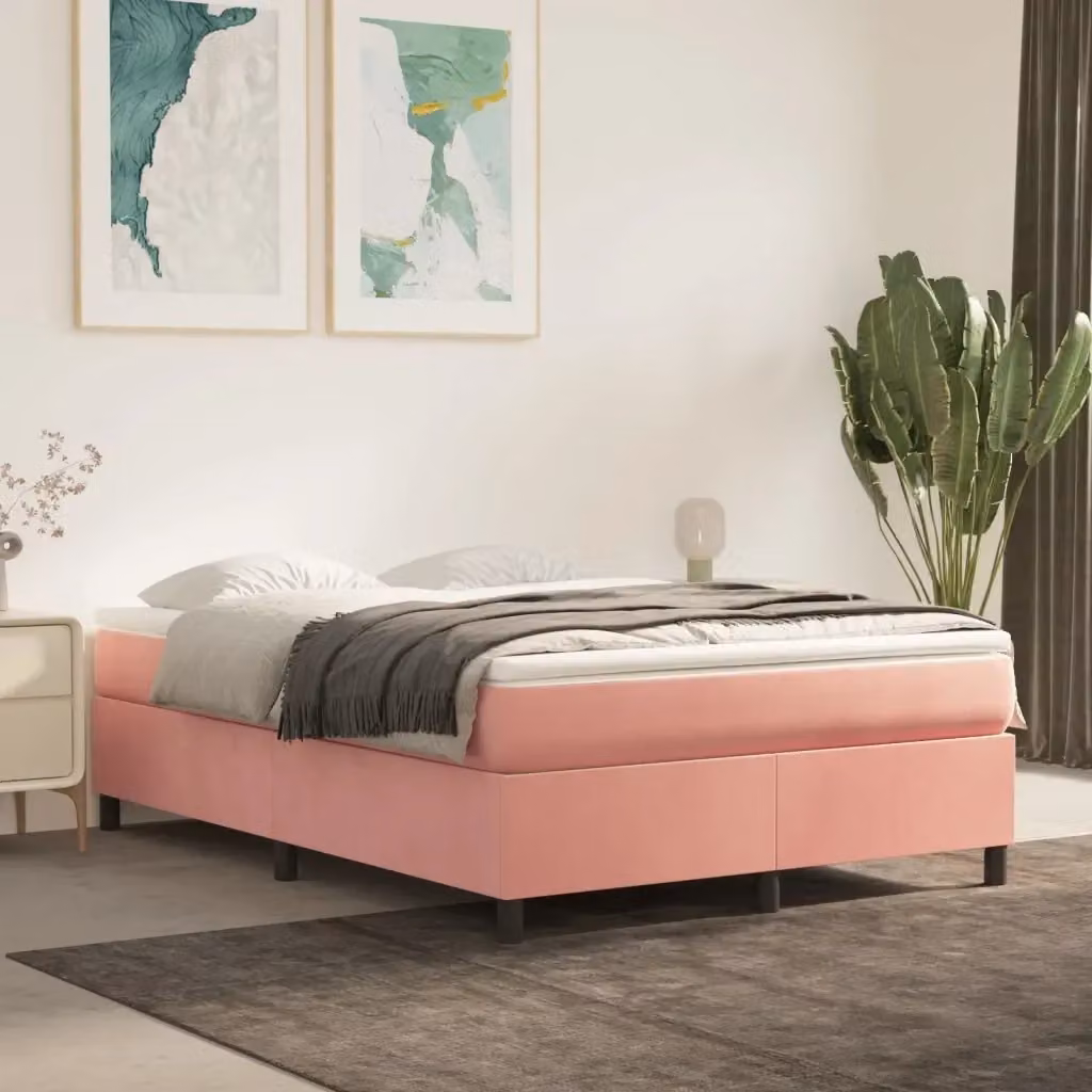 Letto matrimoniale imbottito in velluto rosa con rete a doghe con L: 140 cm, P: 190 cm, H: 35 cm – 2
