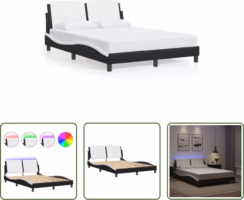 The Living Store Struttura letto con LED bianco e nero 120x200 cm in ecopelle