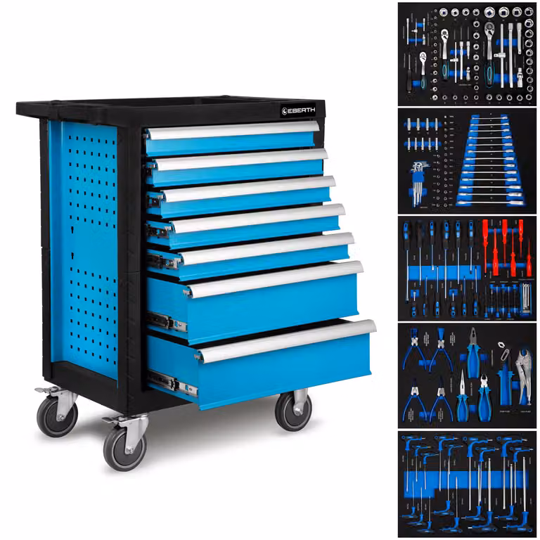 Carrello portautensili EBERTH equipaggiato con 167 pezzi, 7 cassetti, di cui 5 pieni di utensili, carrello portautensili a doppia parete in acciaio, verniciato a polvere blu