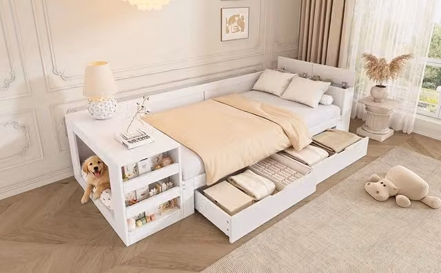Letto divano 90 x 200 cm; cassetti di contenitore e espace repos integrato per animal; senza materasso; structure in legno; bianco