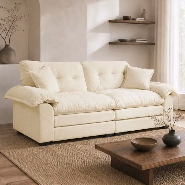 Divano a 2 posti 214x89x93 cm in chenille beige, seduta profonda, per piccoli soggiorni –