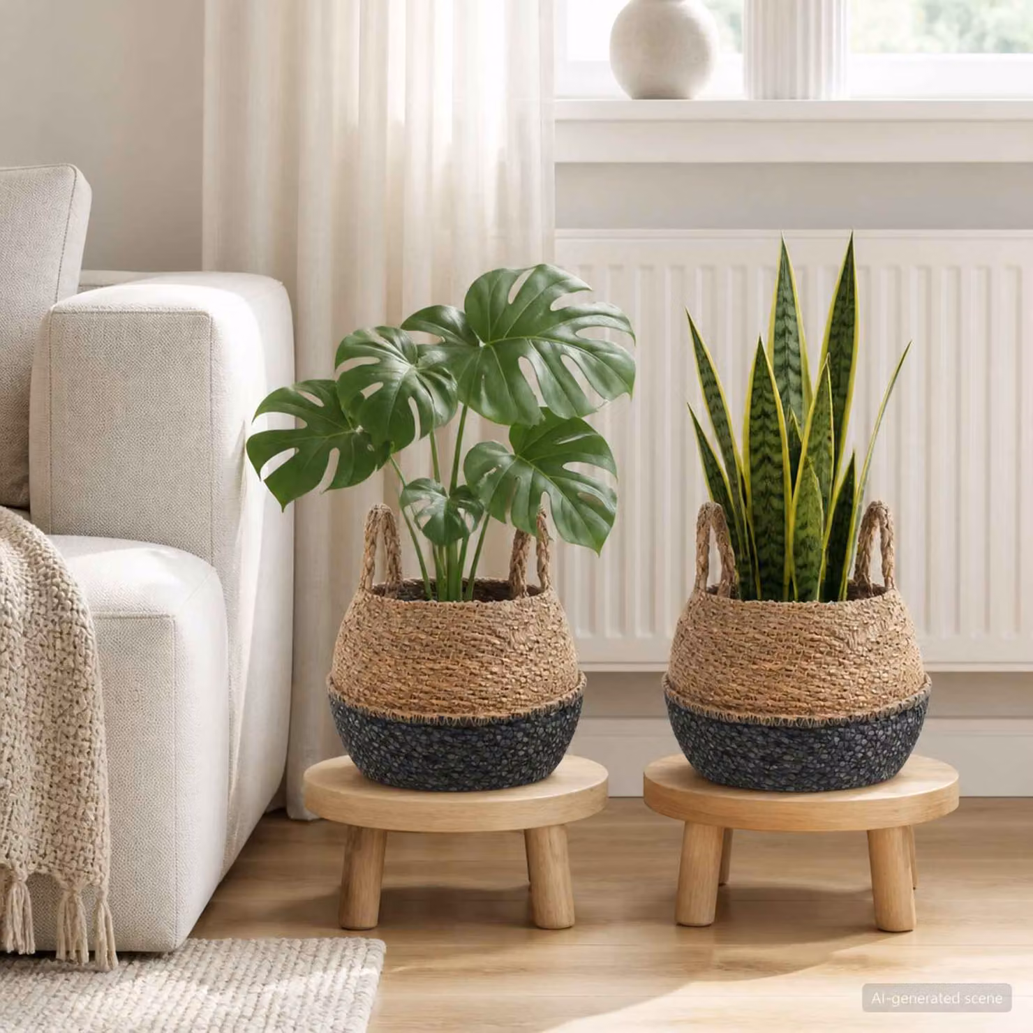 Set di 2 vasi da fiori in rattan con manici vidaXL, colore nero, Ø: 22 cm, H: 20 cm