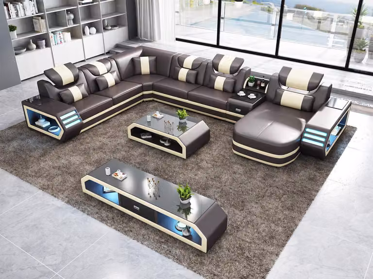 Ecksofa U-Form Couchtisch Wohnlandschaft Polster Eckcouch Couch Leder Ecksofa