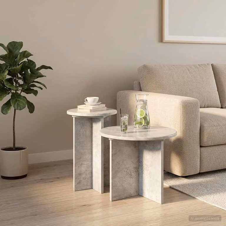 Set di 2 tavolini rotondi vidaXL in stile moderno, colore grigio cemento, con piano in materiale composito e finitura opaca, Ø 45 x H 35 cm
