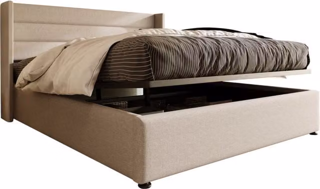 Letto matrimoniale 180x200 con contenitore e sollevamento idraulico; rivestimento in lino; Beige