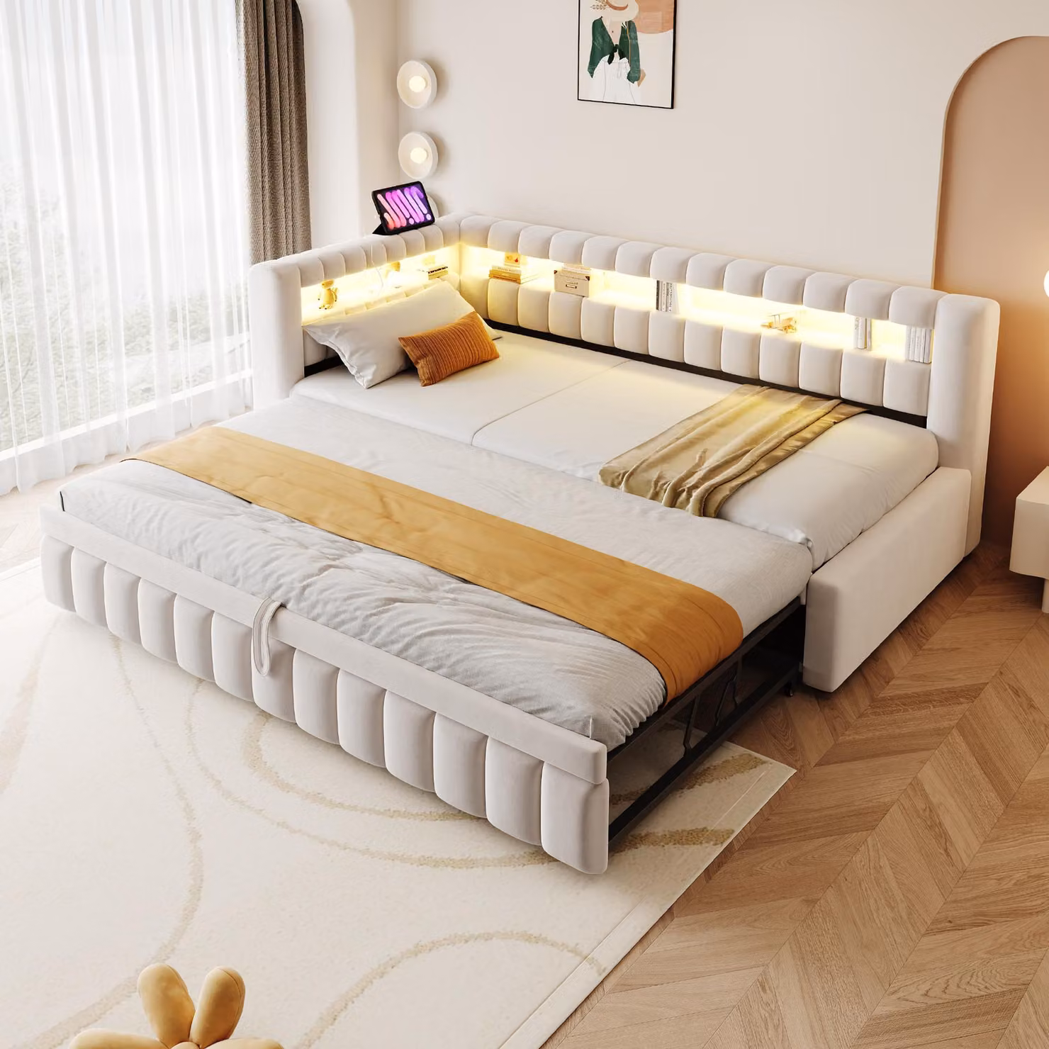 Letto imbottito 90x200 cm con letto estraibile 90x190 cm, dotato di luci LED, porte USB e di tipo C, ripiani portaoggetti, rivestito in velluto con motivo a righe, color beige