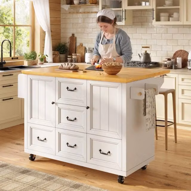 Carrello da cucina con piano pieghevole, 2 ante, 5 cassetti e ripiani regolabili, su rotelle, bianco, 120 × 73 × 93 cm