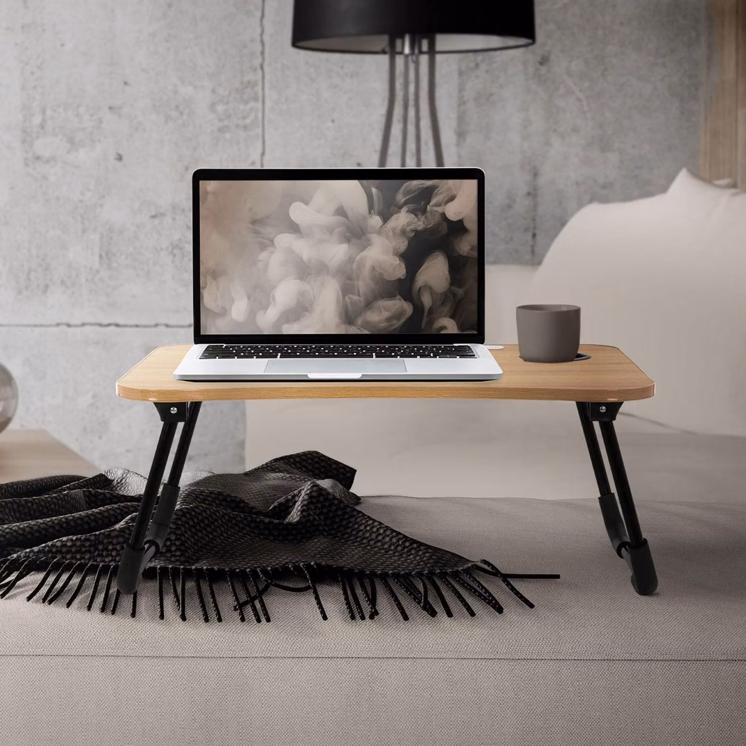 ML-Design tavolo per laptop per letto/divano, 60x40 cm, effetto legno, in MDF, pieghevole, tavolo da letto con 4 porte di ricarica USB e lampada, cassetto, ventola, supporto per tablet, portabicchieri, supporto per laptop Lapdesks Notebook