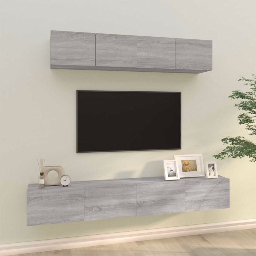 vidaXL Set di Mobili Porta TV da Soggiorno 4 Pezzi Grigio in Legno e MDF a Parete – 1