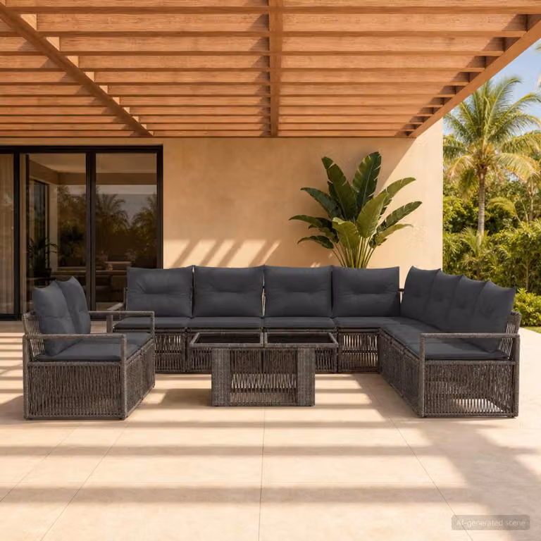 Set Divano da Giardino vidaXL 10 Pezzi in Polyrattan Grigio con Tavolino e Cuscini