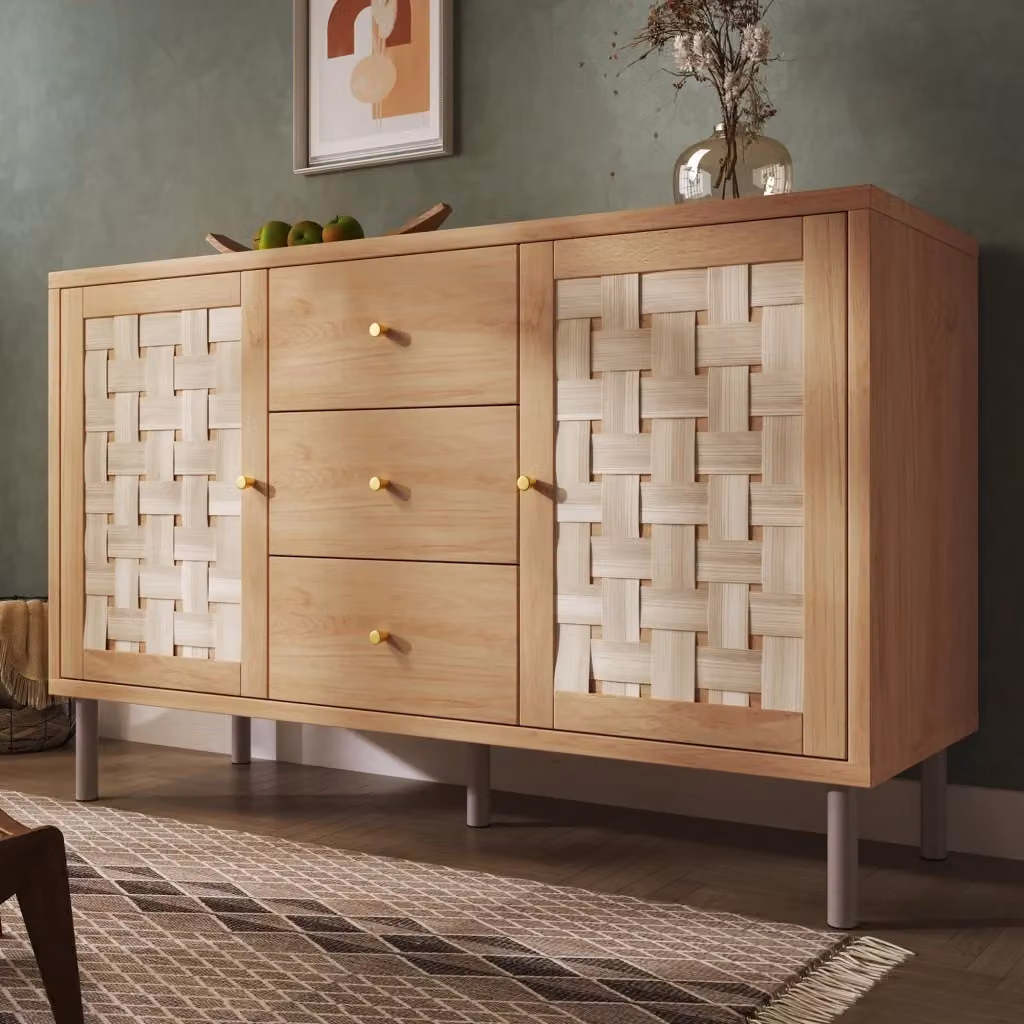 Madia in stile rustico con 2 ante e 3 cassetti in MDF e metallo, colore rovere, L 120 cm x P 40 cm x H 75 cm – 2