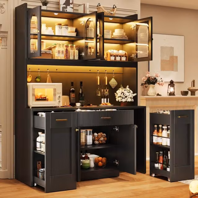 Mobile colonna da cucina MIVRAY con LED RGB, 3 vetrine in vetro e ripiani interni, nero, L/P/H: 120 x 40 x 187 cm
