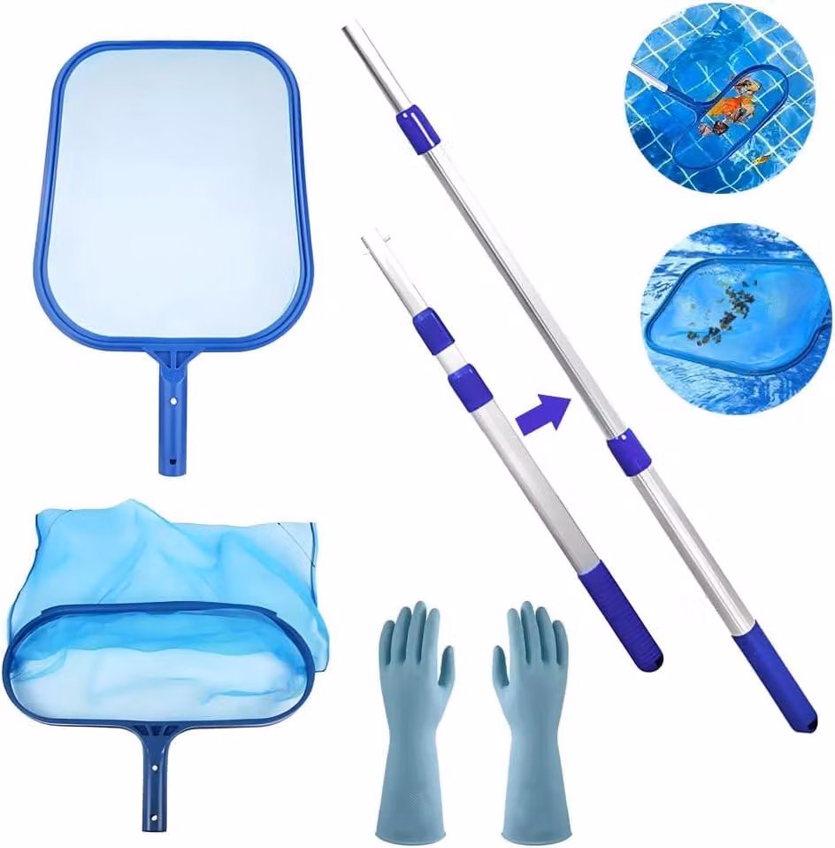 Kit per la pulizia della piscina, completo di asta telescopica, retino profondo 34 cm e guanti, ideale per la manutenzione della piscina