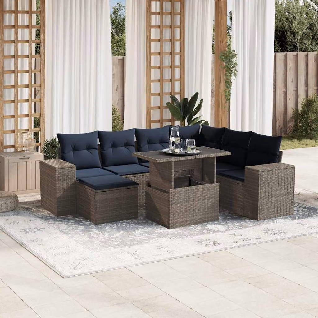 Set di divani da giardino vidaXL in polyrattan grigio con cuscini, tavolino e pouf, design moderno a forma di L