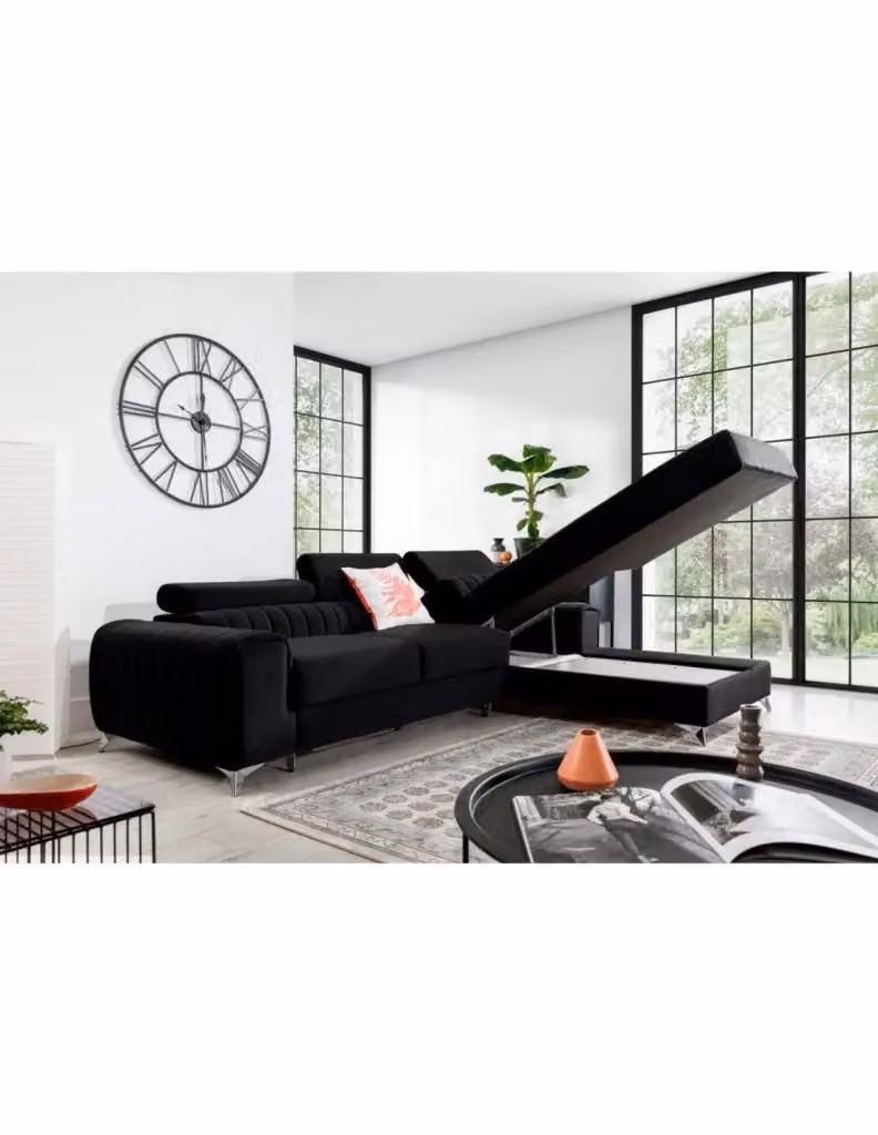 Divano ad angolo destro JAYSON MEUBLORAMA nero con funzione letto e poggiatesta regolabile, L 278 x P 205 x H 76 cm – 2