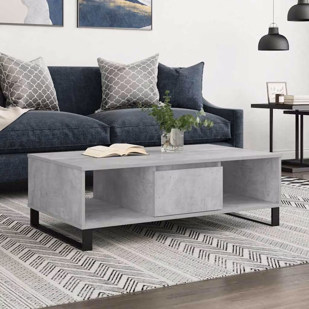 vidaXL Tavolino da Salotto Moderno Grigio Cemento con Piano in Legno e Struttura in Metallo L: 104 cm, P: 60 cm, H: 35 cm