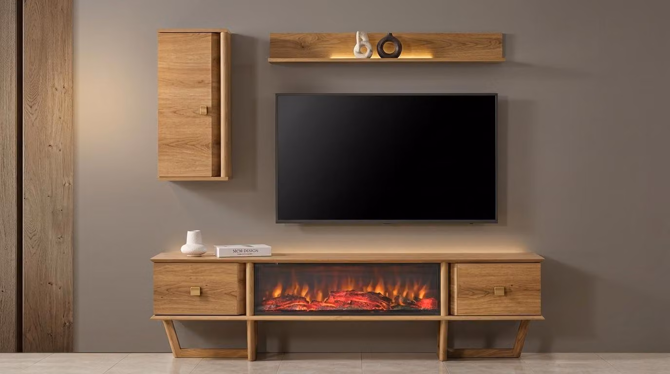 Mobile TV a parete, pensile, ripiano, stile moderno, colore marrone, camino