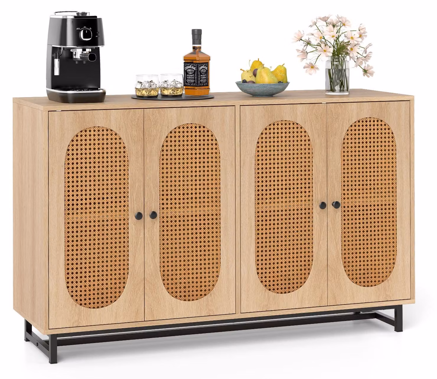 Credenza COSTWAY con 4 ante in rattan, mobile da cucina in legno, credenza con ripiani regolabili e gambe in metallo, cassettiera, 126 x 40 x 81 cm, colore naturale