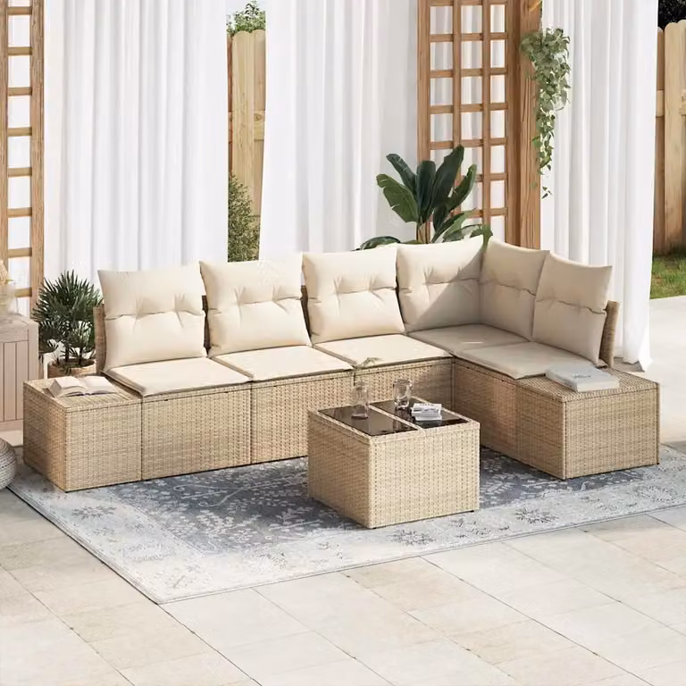 Set Divano da Giardino vidaXL 6 Pezzi Beige con Cuscini e Tavolino in Polyrattan e Acciaio