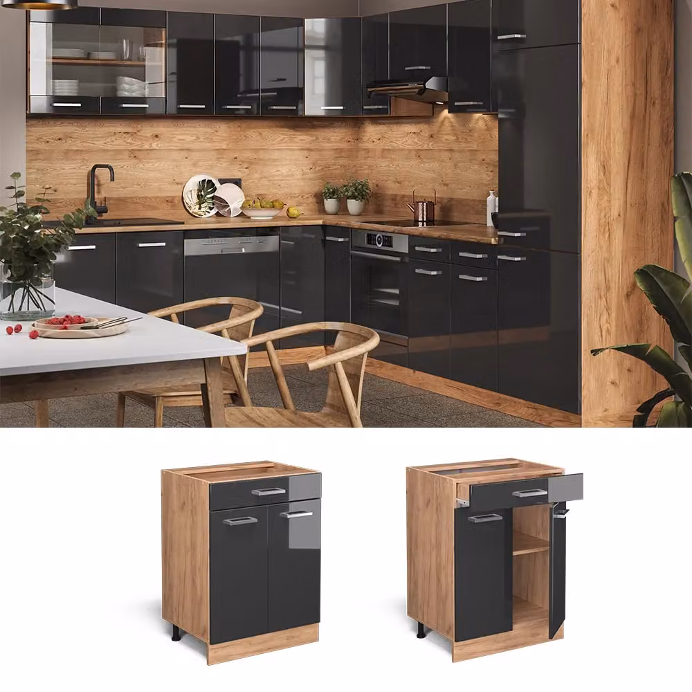 Mobiletto base per cucina Vicco R-Line Antracite lucido e Rovere, L: 60 cm – 2