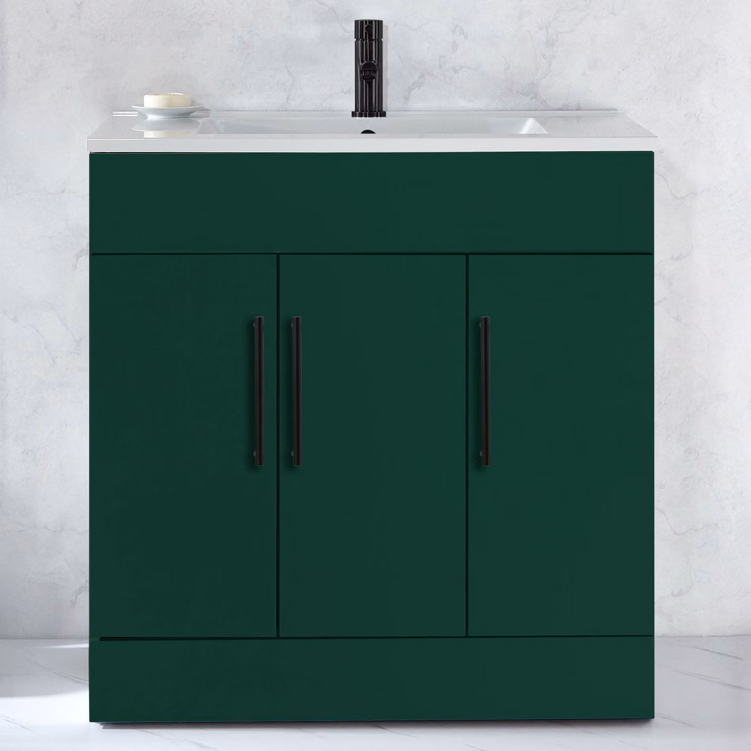 Mobile Bagno a Terra Verde Scuro da 810mm con Lavabo e Maniglie Nere con Barra a T - Cluo