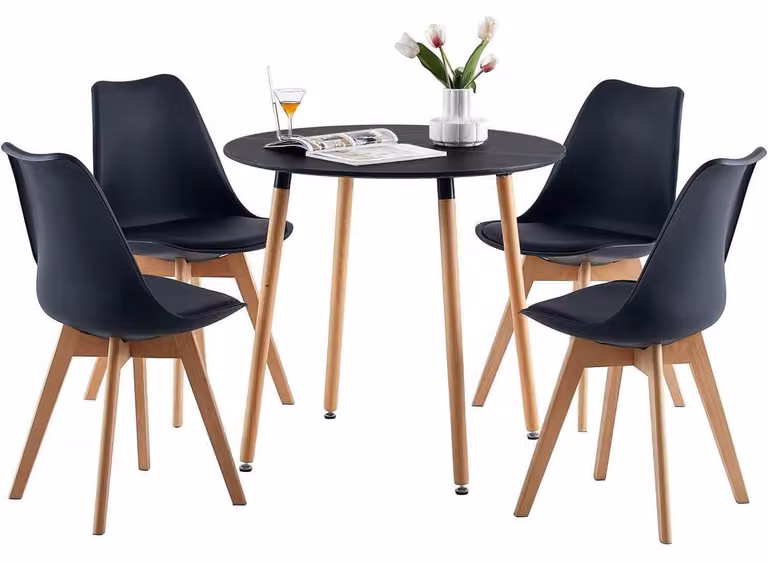 Tavolo rotondo da pranzo, 80x80x73 cm, gambe in legno massello nero, altezza regolabile