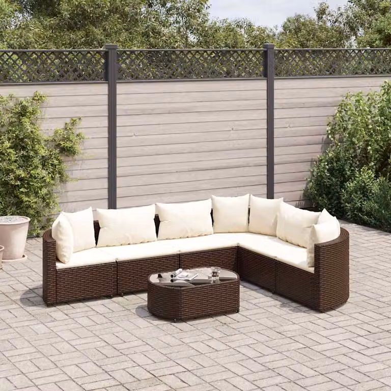 vidaXL Set Divani da Giardino 7 Pezzi con Cuscini Marrone e Bianco in Polyrattan e Acciaio