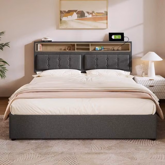 Letto imbottito matrimoniale con contenitore ¨C Minimal ¨C tessuto lino 140x200cm testiera con porta USB