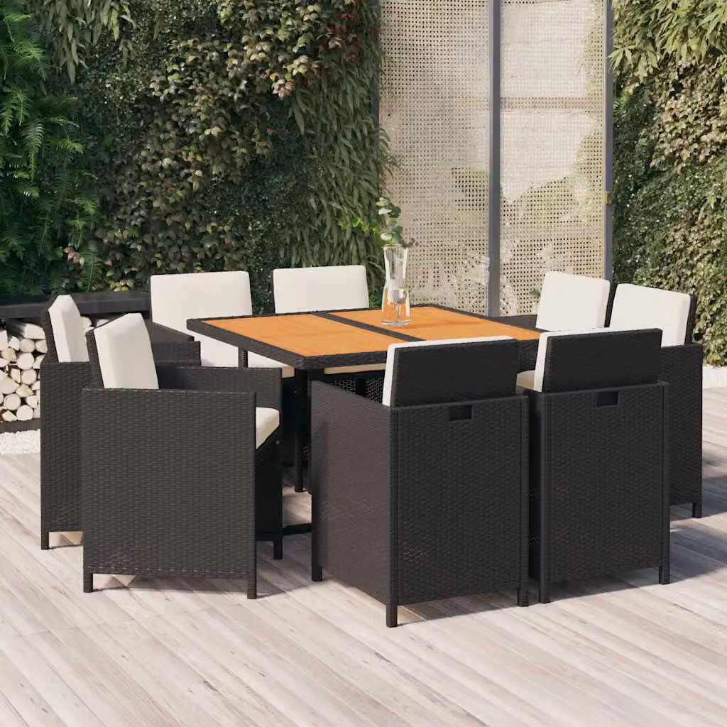 Set da pranzo da giardino vidaXL in polyrattan e legno di acacia nero e bianco con 9 pezzi e cuscini