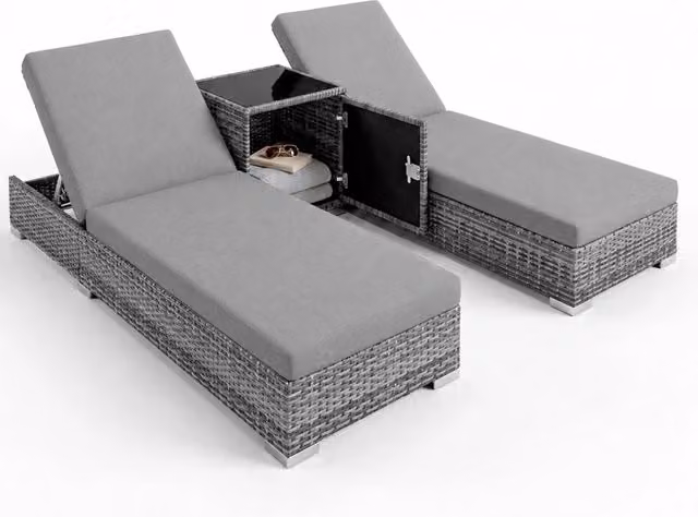 Set 2 Lettini Prendisole in Polyrattan con Tavolino Contenitore e Cuscini, Schienale Reclinabile 5 Posizioni, Arredo Giardino Piscina 184x60x21 Cm Grigio
