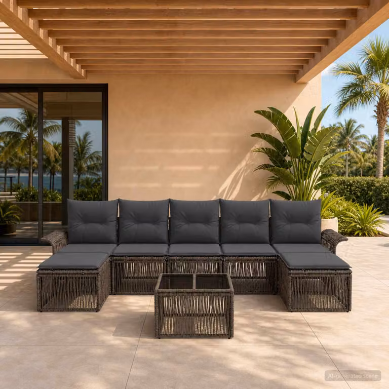 Set Divano da Giardino vidaXL 8 Pezzi Grigio con Poltrone, Divani, Tavolino e Pouf in Polyrattan e Acciaio