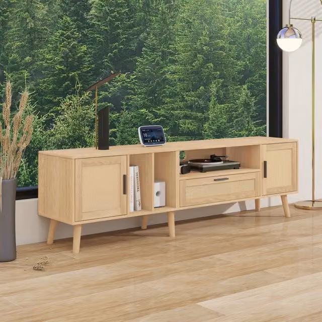 Mobile TV Zephmum in stile scandinavo con decorazione in rattan, colore marrone e beige, L: 180 cm, P: 40 cm, H: 54 cm