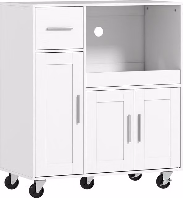 Mobiletto Microonde HOMCOM in Legno Bianco con Cassetto, 2 Armadietti e Ripiano Aperto, L 80 cm x P 40 cm x H 88.7 cm