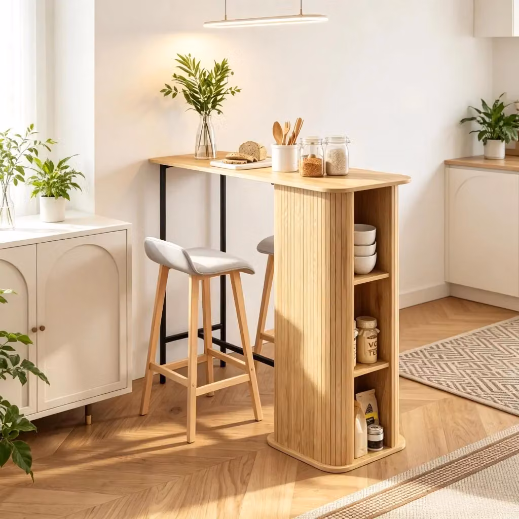Tavolo alto Mivray con 3 ripiani aperti e piedi in metallo regolabili, finitura opaca in legno e nero, L: 112 cm, P: 45 cm, H: 106 cm – 2